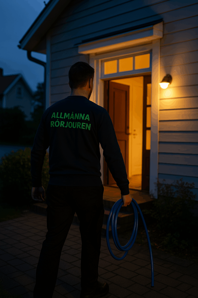 Spolmontör från Allmänna Rörjouren på väg in i villa kvällstid med spolslang i handen.