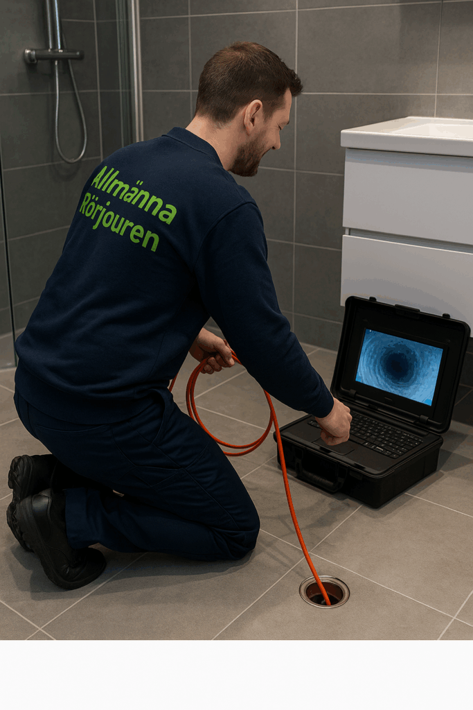 Spolmontör i mörkblå tröja med grön text ”Allmänna Rörjouren” utför rörinspektion i badrum i Danderyd med professionell kamerautrustning.