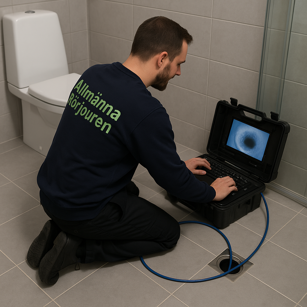 Spolmontör i mörkblå tröja med grön text ”Allmänna Rörjouren” filmar golvbrunn i badrum i Edsviken, Sollentuna.