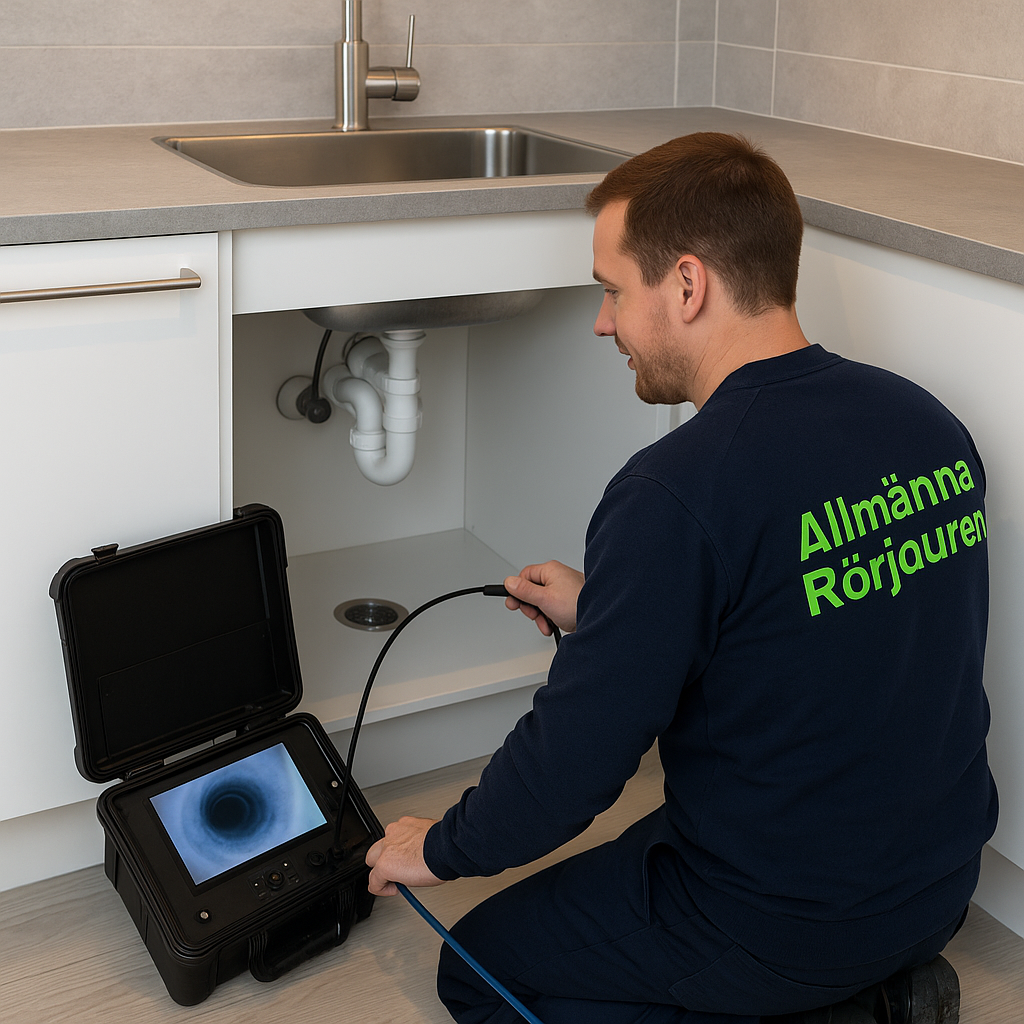 Spolmontör i mörkblå tröja med grön text ”Allmänna Rörjouren” filmar köksavlopp under diskho med avancerad kamerautrustning i väska.