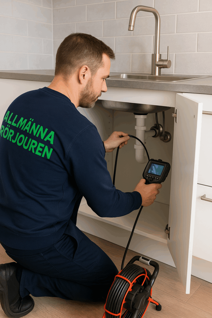 Spolmontör från Allmänna Rörjouren utför rörinspektion i kök i Norrtälje med kamera under diskhon.