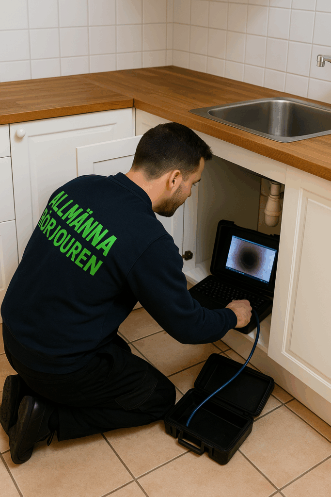Rörinspektion i kök i Solna – Allmänna Rörjouren filmar avlopp Spolmontör i mörkblå tröja med grön text ”Allmänna Rörjouren” filmar avlopp under diskhon i kök med kamera som förs ner i vattenlåset.