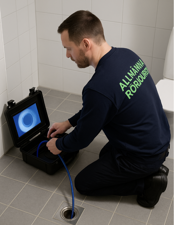Spolmontör i mörkblå tröja med grön text ”Allmänna Rörjouren” filmar golvbrunn i badrum i Sundbyberg med kamerautrustning.
