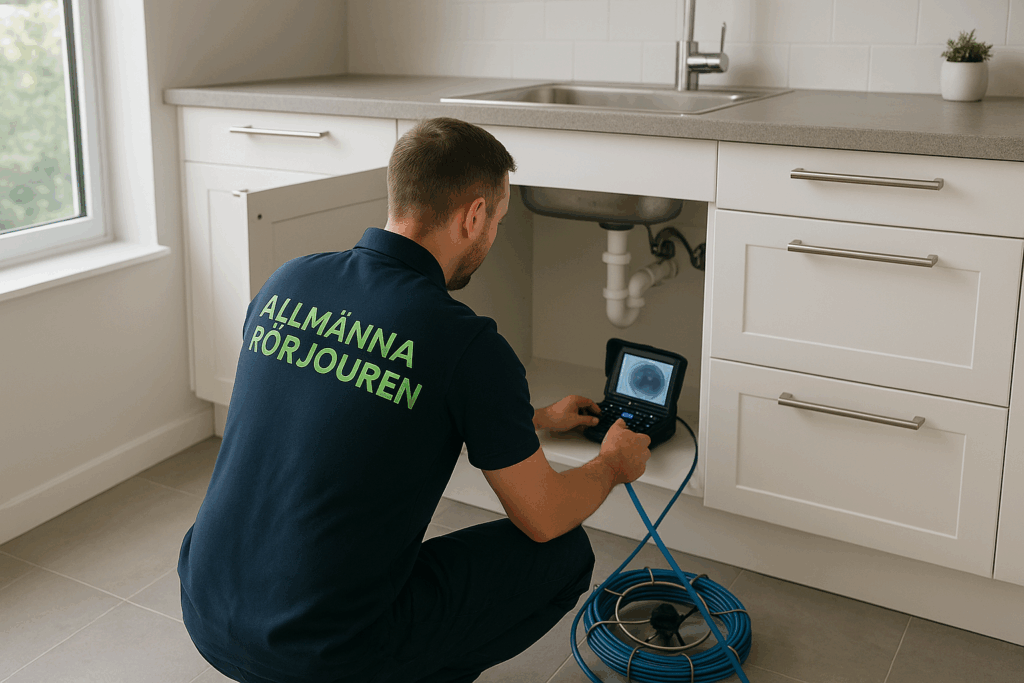 Spolmontör från Allmänna Rörjouren utför rörinspektion under diskho i kök i Vaxholm.