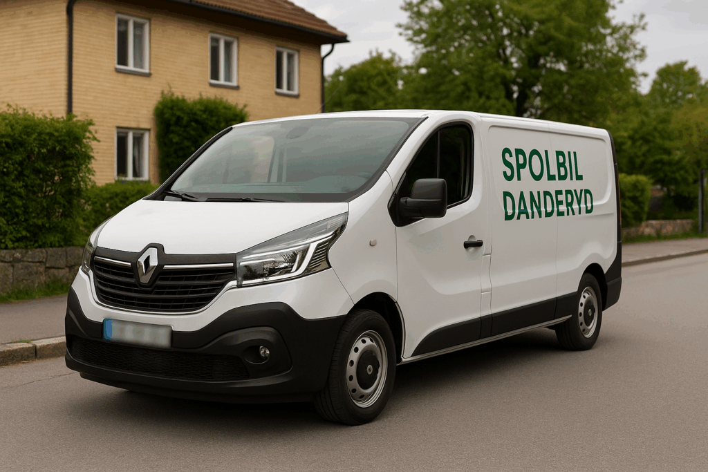 Vit Renault Trafic med grön text ”Spolbil Danderyd” parkerad på gata i villaområde i Danderyd, regplåten är blurrad.