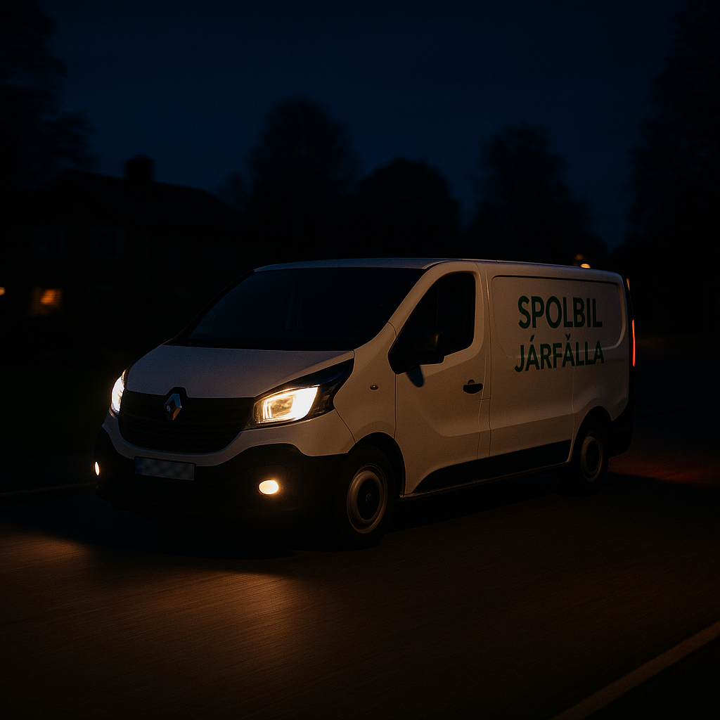 Vit Renault Trafic med grön text ”Spolbil Järfälla” kör på väg i mörker med tända strålkastare.