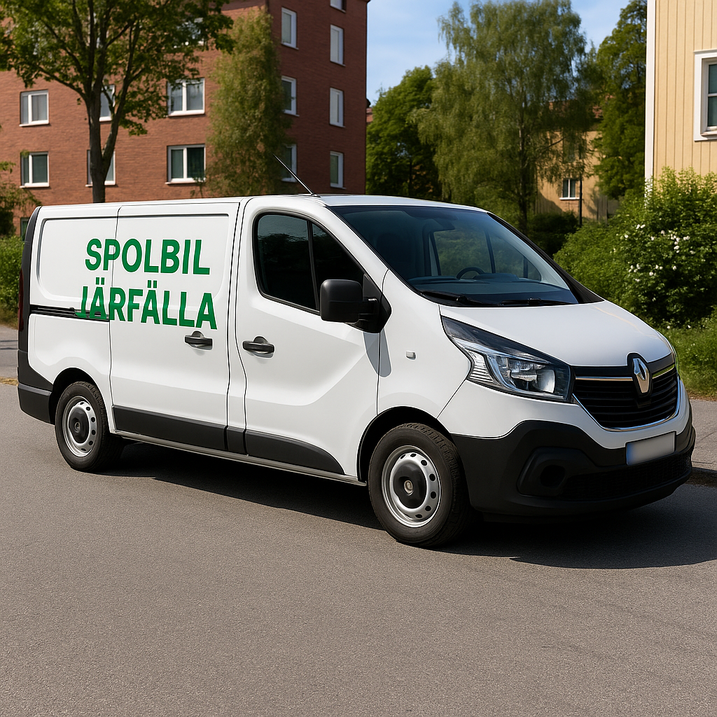 Vit Renault Trafic med grön text ”Spolbil Järfälla” parkerad på gata i bostadsområde i Järfälla, med blurrad registreringsskylt.