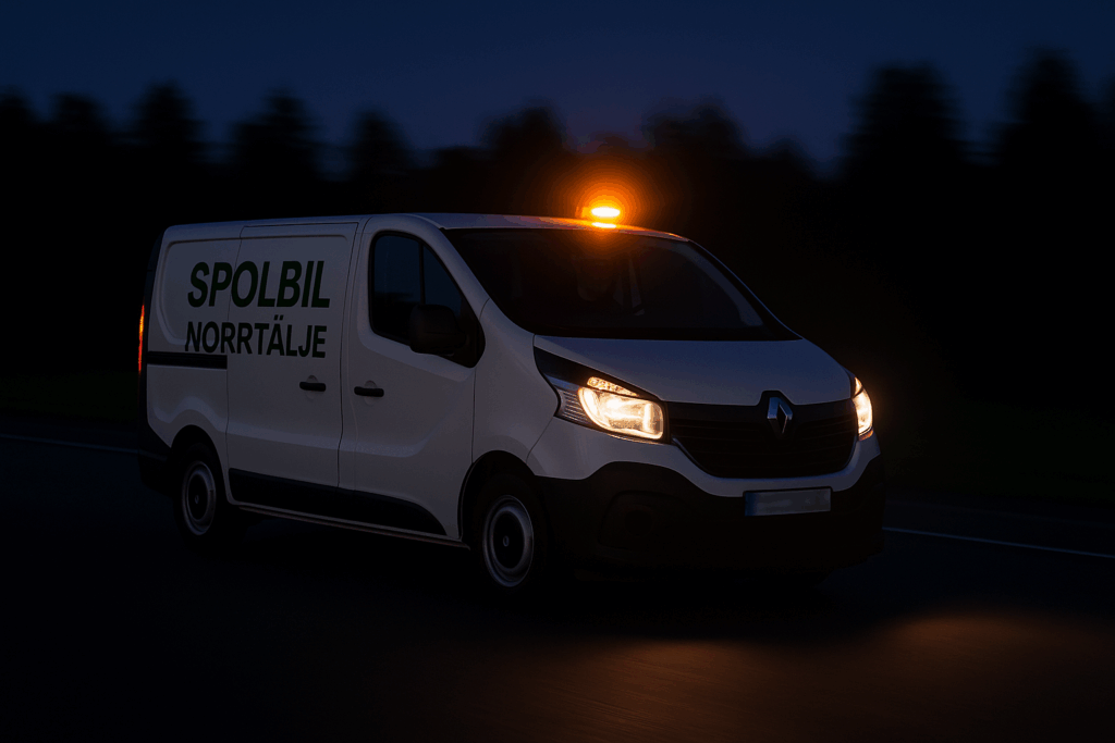 Vit Renault Trafic med texten “Spolbil Norrtälje” i grön färg kör på väg i mörker med varningsljus på taket.