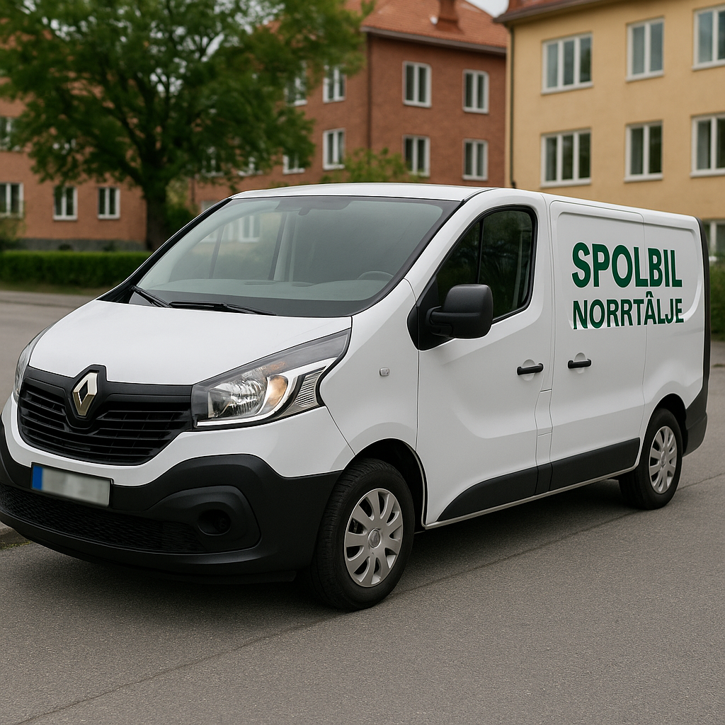 Vit Renault Trafic med grön text ”Spolbil Norrtälje” parkerad på gata i Norrtälje.