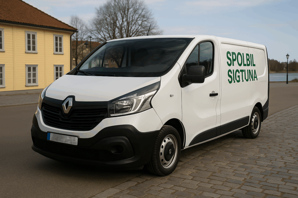 Vit Renault Trafic med grön text ”Spolbil Sigtuna” parkerad på gata i Sigtuna med blurrad registreringsskylt.