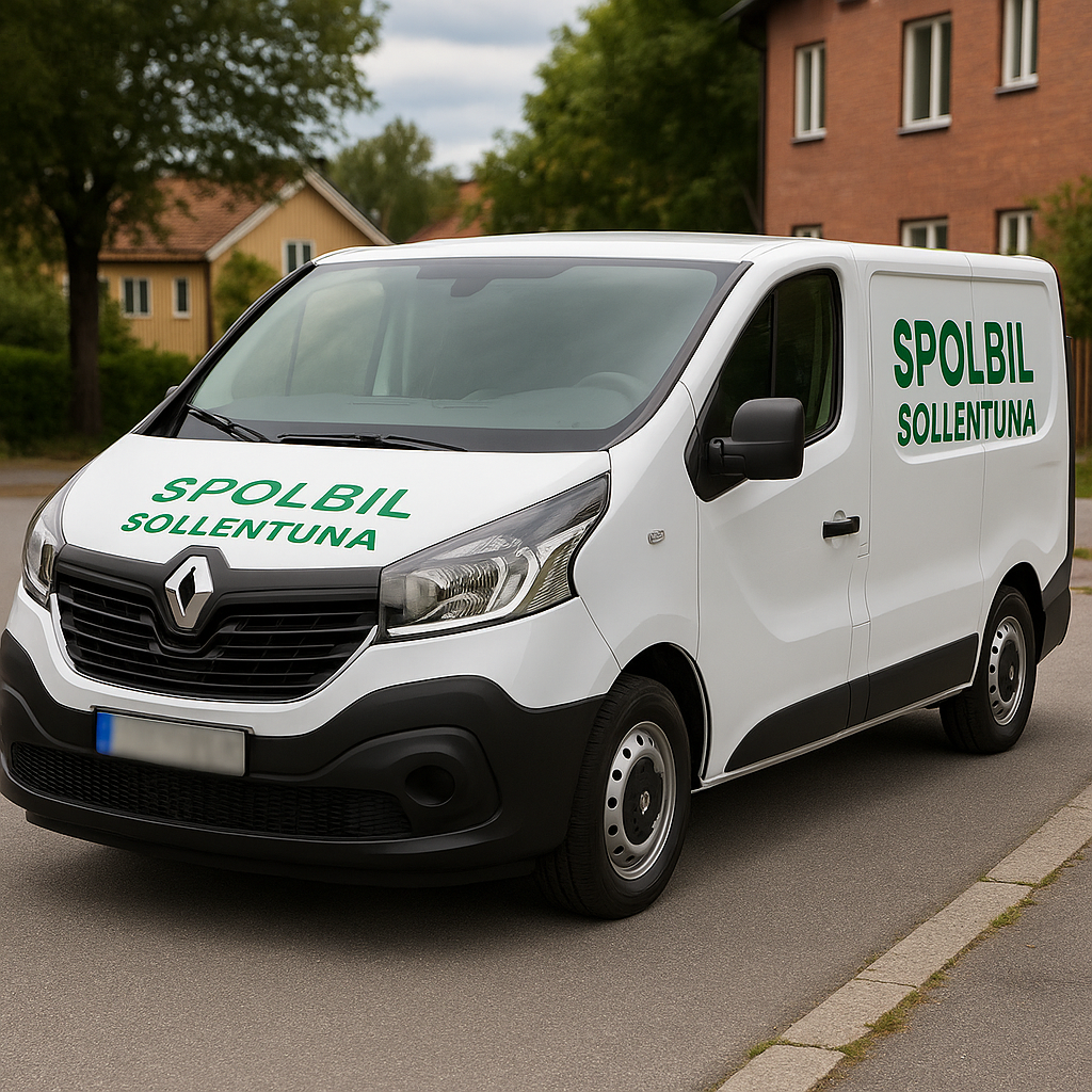 Vit Renault Trafic med grön text ”Spolbil Sollentuna” parkerad i Sollentuna, regplåten är blurrad.