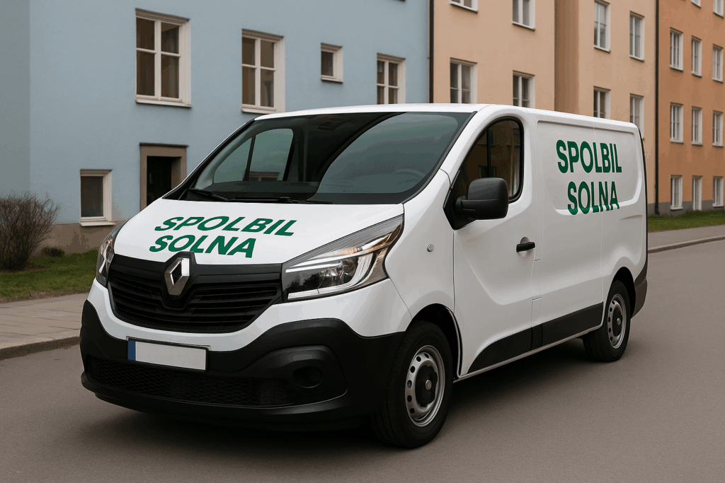 Spolbil Solna – Allmänna Rörjourens servicebil i Hagalund Vit Renault Trafic med grön text ”Spolbil Solna” parkerad i Hagalund, Solna, med blurrad registreringsskylt.