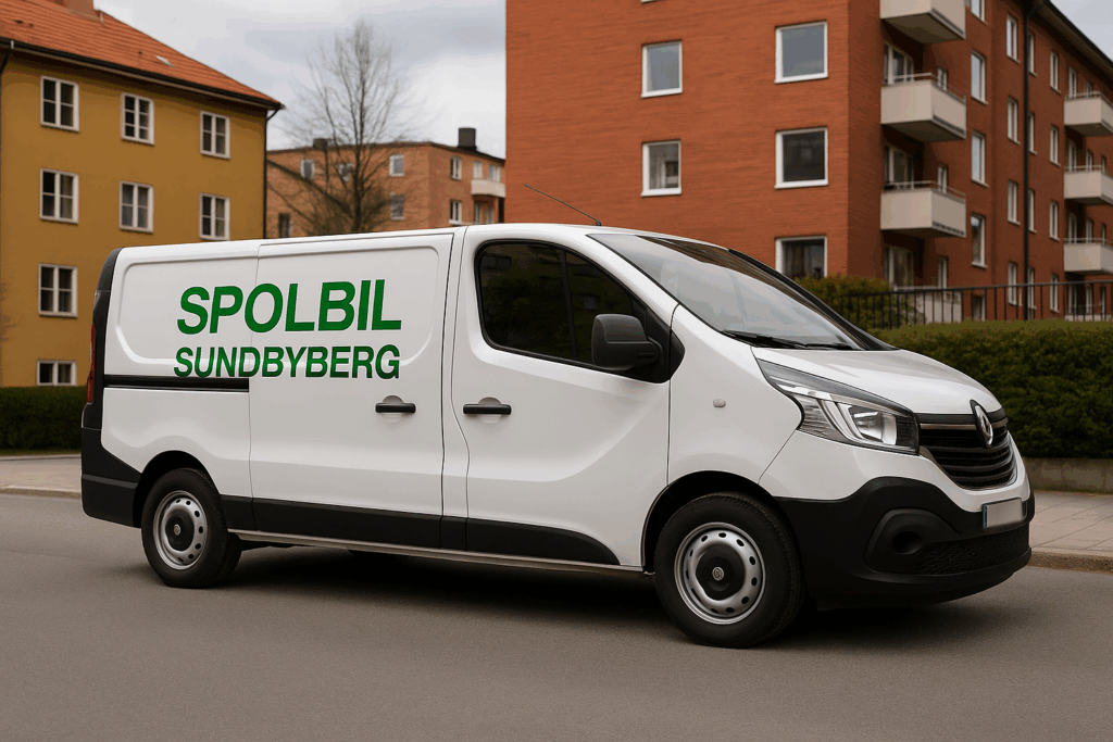 Vit Renault Trafic med grön text ”Spolbil Sundbyberg” parkerad på gata i Sundbyberg, med blurrad registreringsskylt.