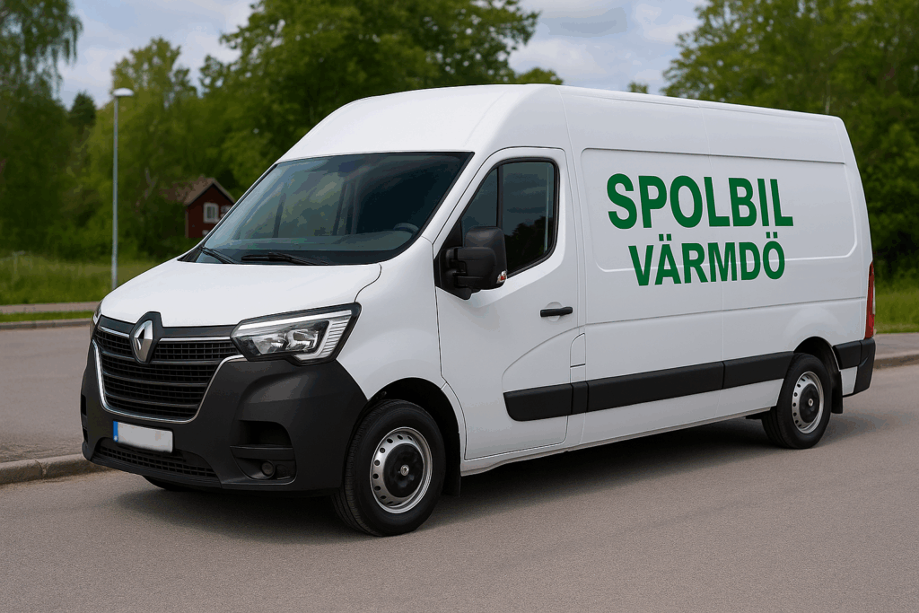 Vit Renault Trafic med grön text ”Spolbil Värmdö” parkerad på väg i Värmdö, regplåten är blurrad.