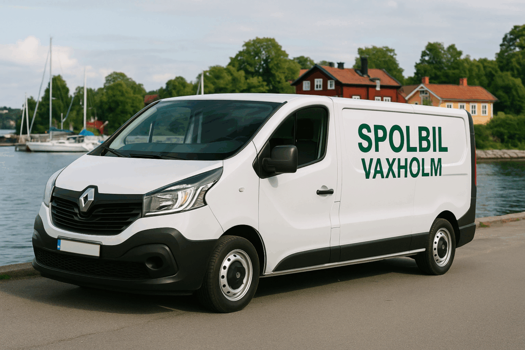 Vit Renault Trafic med grön text ”Spolbil Vaxholm” parkerad vid vattnet i Vaxholm.