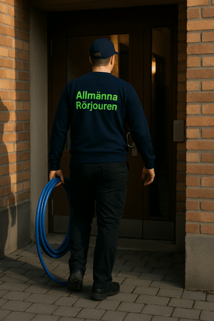 Stamspolning i Hagalund, Solna – Allmänna Rörjouren på plats Spolmontör i mörkblå tröja med grön text ”Allmänna Rörjouren” går in i port i Hagalund, Solna med blå spolslang i handen.