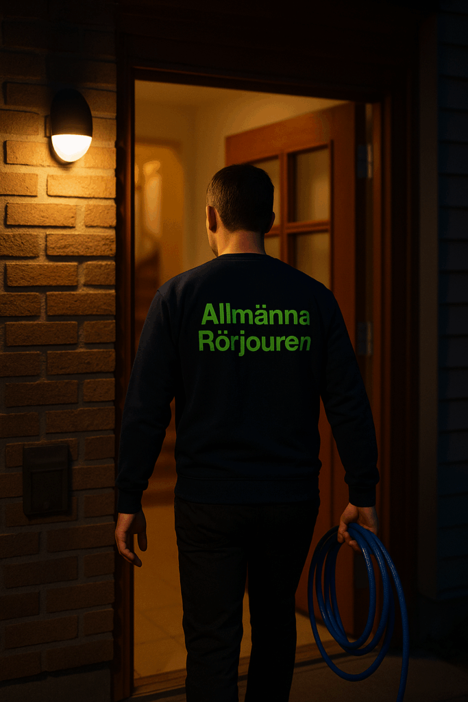 Spolmontör i mörkblå tröja med grön text ”Allmänna Rörjouren” går in i lägenhetsport i Danderyd på kvällen med blå spolslang i handen.