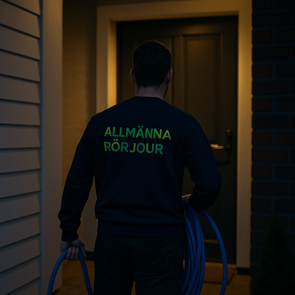 Spolmontör i mörkblå tröja med grön text ”Allmänna Rörjouren” går in i villa vid Edsviken på kvällen med spolslang i handen.