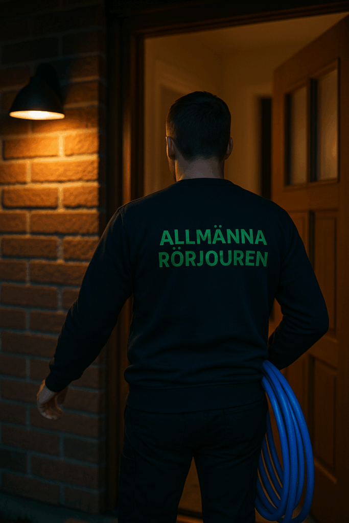 Spolmontör i mörkblå tröja med grön text ”Allmänna Rörjouren” går in i en villa på kvällen med blå spolslang i handen.