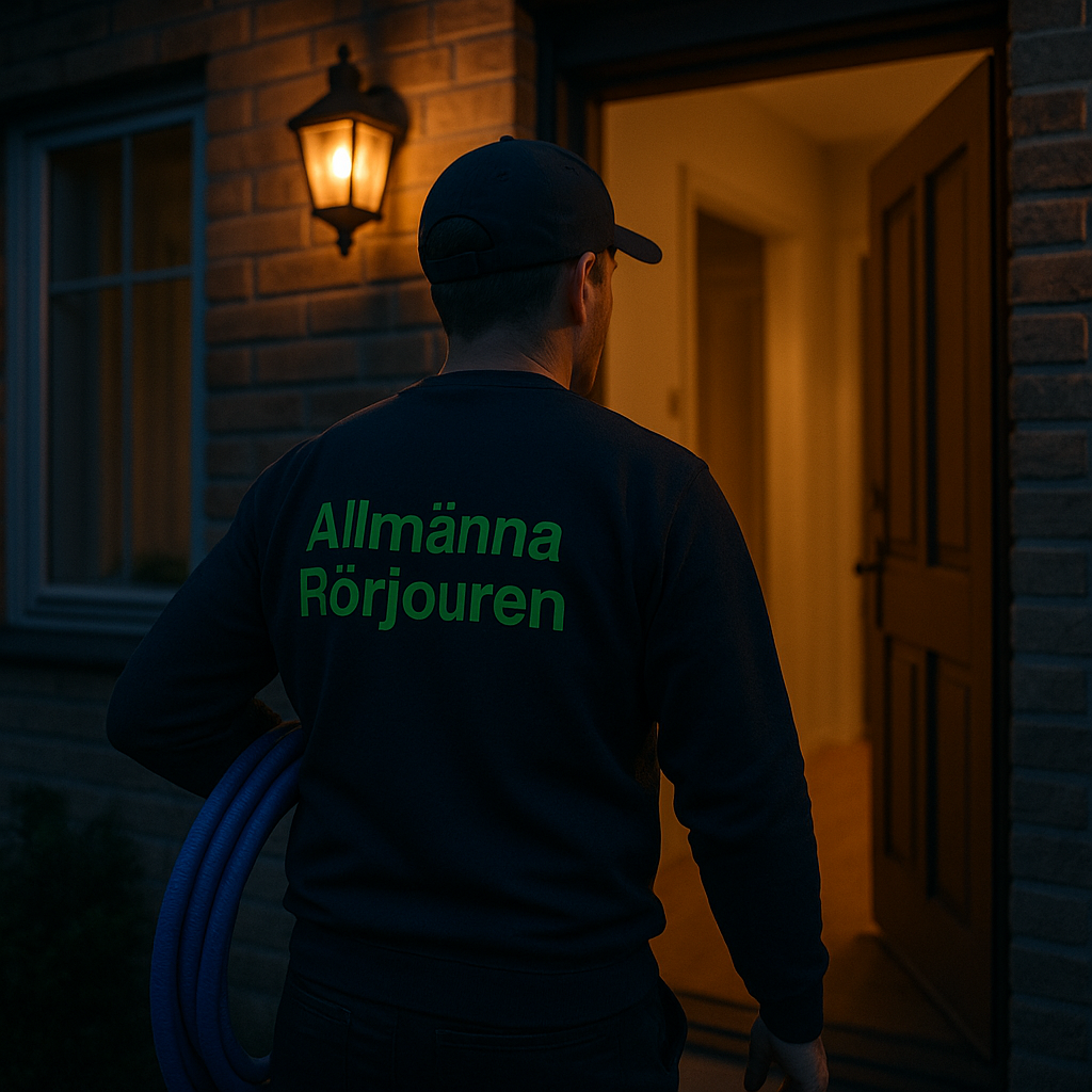 Jourarbete i Solna – spolmontör på väg in i villa Spolmontör i mörkblå tröja med grön text ”Allmänna Rörjouren” går in i villa på kvällen med spolslang i handen.