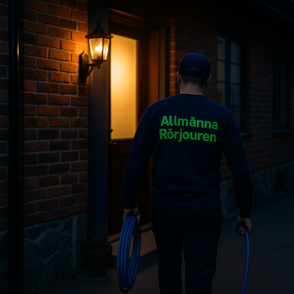 Spolmontör i mörkblå tröja med grön text ”Allmänna Rörjouren” går in i villa i Sundbyberg på kvällen med spolslang i handen.