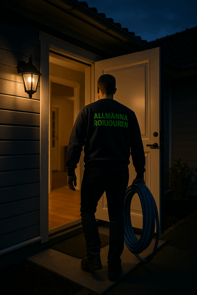 Spolmontör i mörkblå tröja med grön text ”Allmänna Rörjouren” går in i villa på kvällen med blå spolslang i handen.