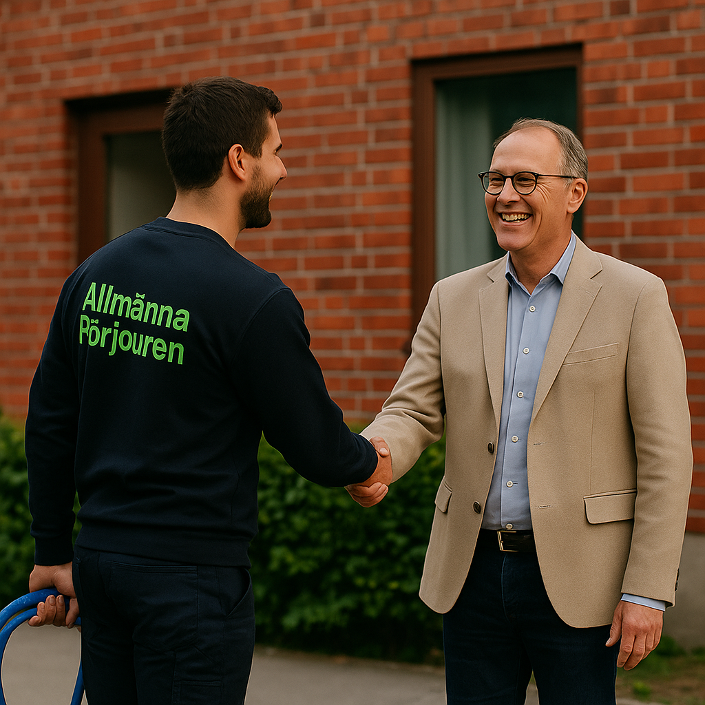 Spolmontör i mörkblå tröja med grön text ”Allmänna Rörjouren” skakar hand med ordförande i Danderyd utanför röd tegelbyggnad.