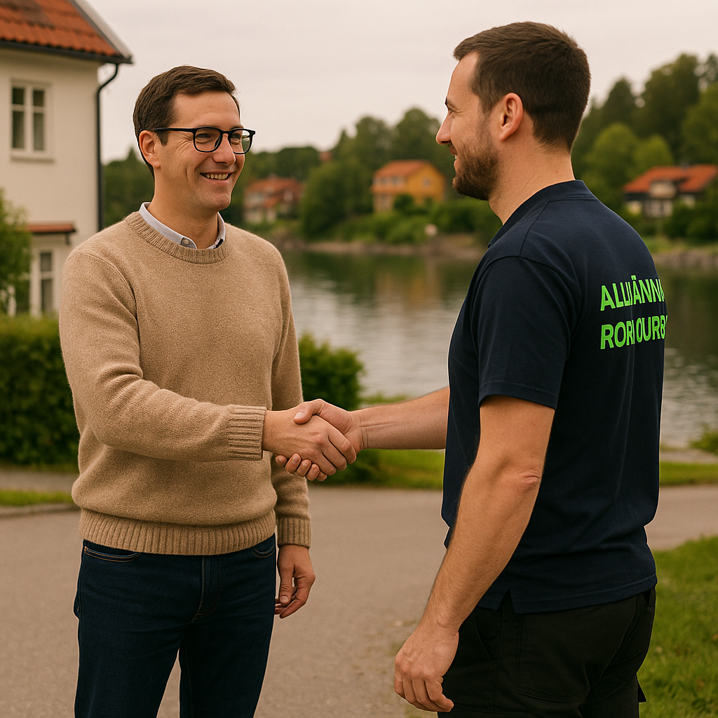 Spolmontör i mörkblå tröja med grön text ”Allmänna Rörjouren” skakar hand med ordförande vid Edsviken i Sollentuna.