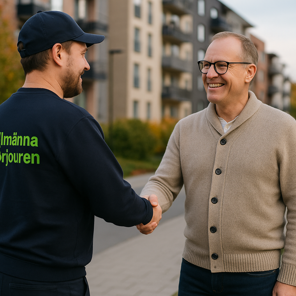 Spolmontör i mörkblå tröja med grön text ”Allmänna Rörjouren” skakar hand med ordförande i bostadsrättsförening i Järfälla.