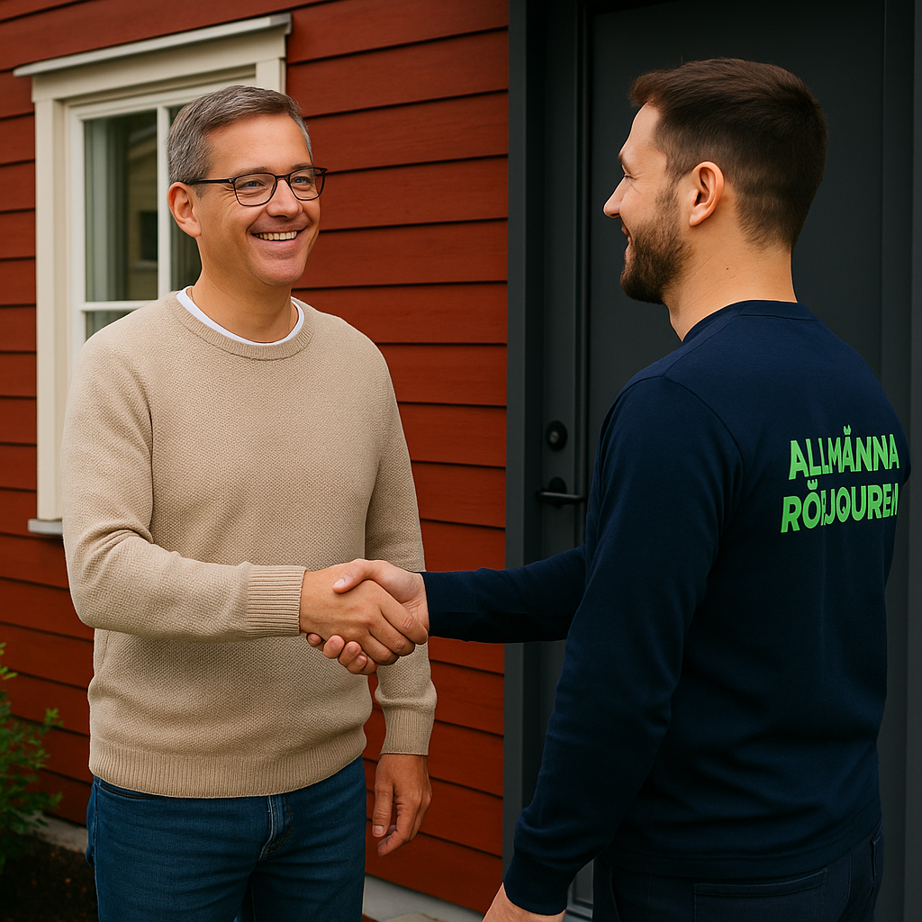 Spolmontör i mörkblå tröja med grön text ”Allmänna Rörjouren” skakar hand med en ordförande utanför röd byggnad i Sigtuna.