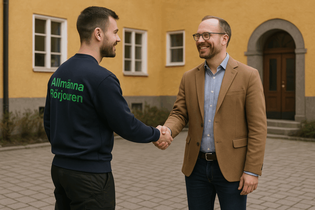 Spolmontör möter ordförande i Solna – samarbete med Allmänna Rörjouren Spolmontör i mörkblå tröja med grön text ”Allmänna Rörjouren” skakar hand med ordförande i Solna.