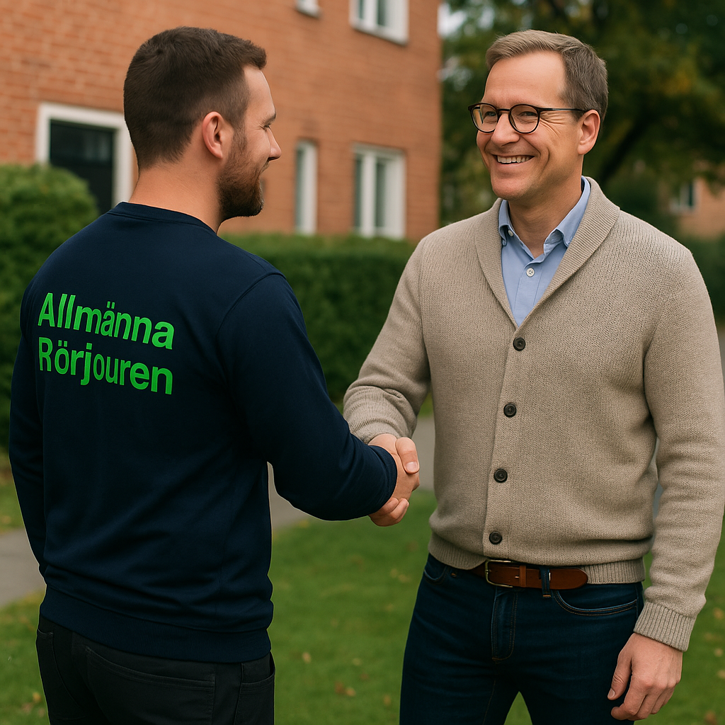 Spolmontör i mörkblå tröja med grön text ”Allmänna Rörjouren” skakar hand med ordförande i Sundbyberg.