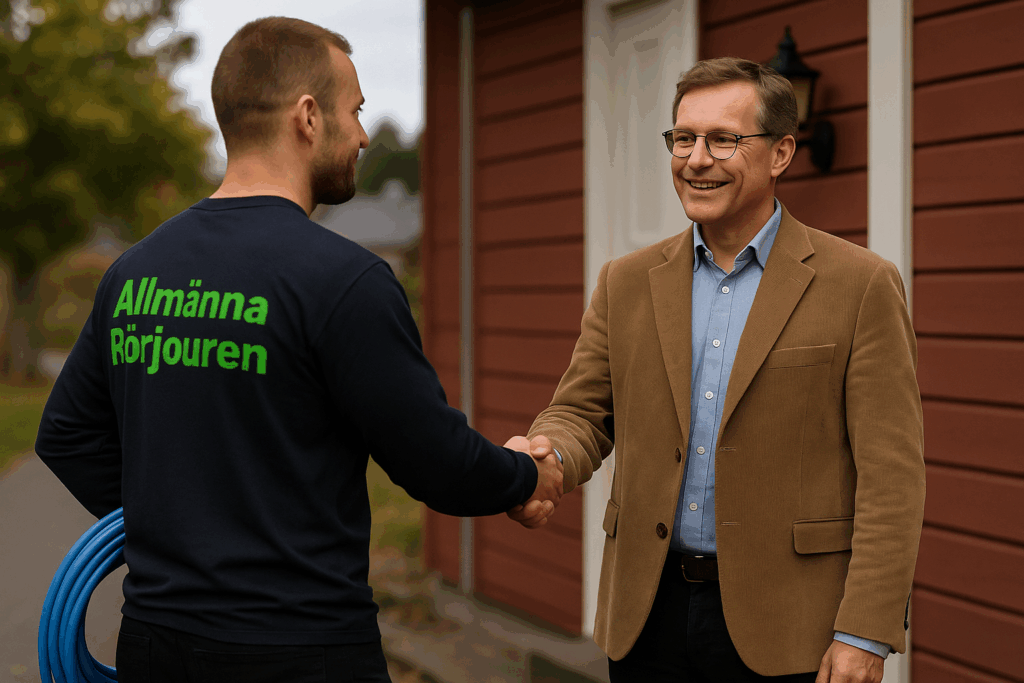 Spolmontör i mörkblå tröja med grön text ”Allmänna Rörjouren” skakar hand med ordförande utanför röd byggnad på Värmdö.