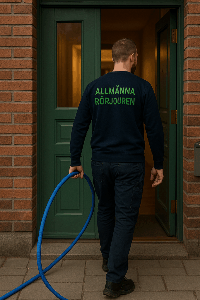 Spolmontör i mörkblå tröja med grön text ”Allmänna Rörjouren” går in i port i Danderyd med blå spolslang i handen.