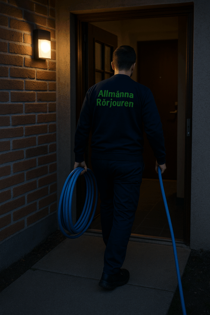 Spolmontör i mörkblå tröja med grön text ”Allmänna Rörjouren” går in i port i Sigtuna med blå spolslang i handen.