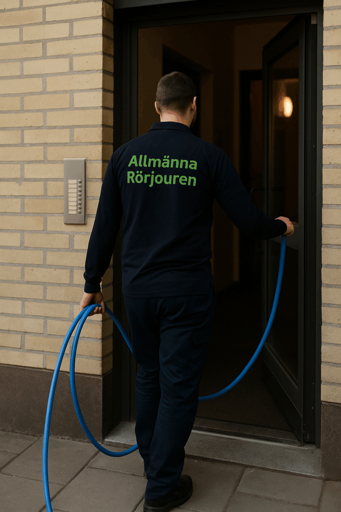 Spolmontör i mörkblå tröja med grön text ”Allmänna Rörjouren” går in i port i Sundbyberg med blå spolslang i handen.