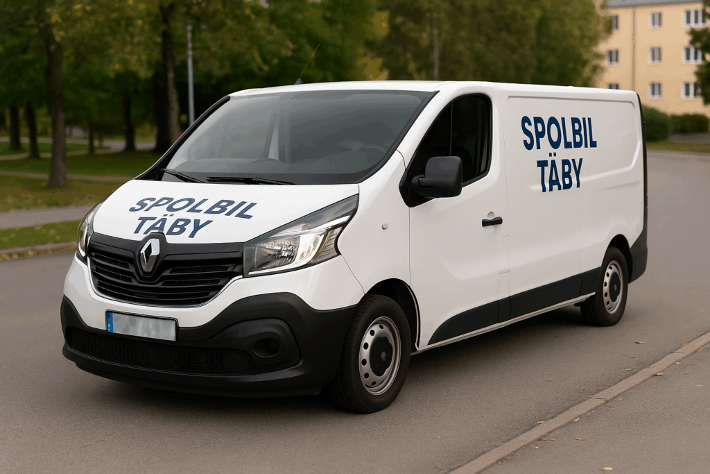 Vit Renault Trafic med texten ”Spolbil Täby” parkerad i Täby med blurrad registreringsskylt.