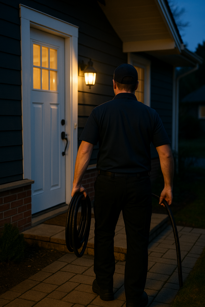 Spolmontör på väg in i en villa i Täby på kvällen med spolslang i handen för jourarbete.