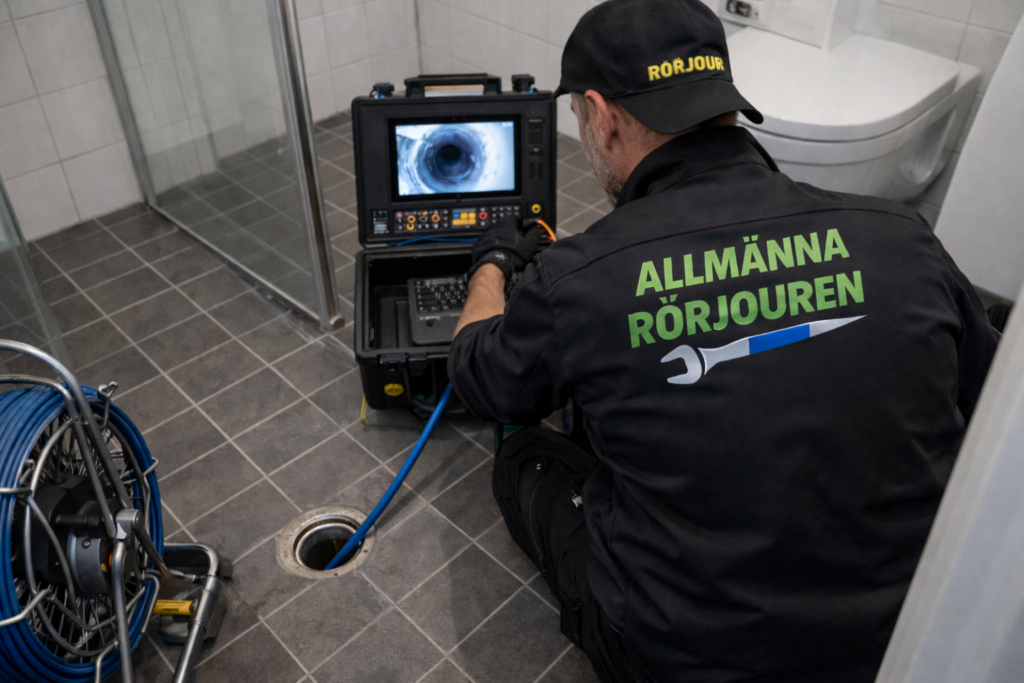 Spolmontör från Allmänna Rörjouren utför rörinspektion med kamera i golvbrunn i badrum