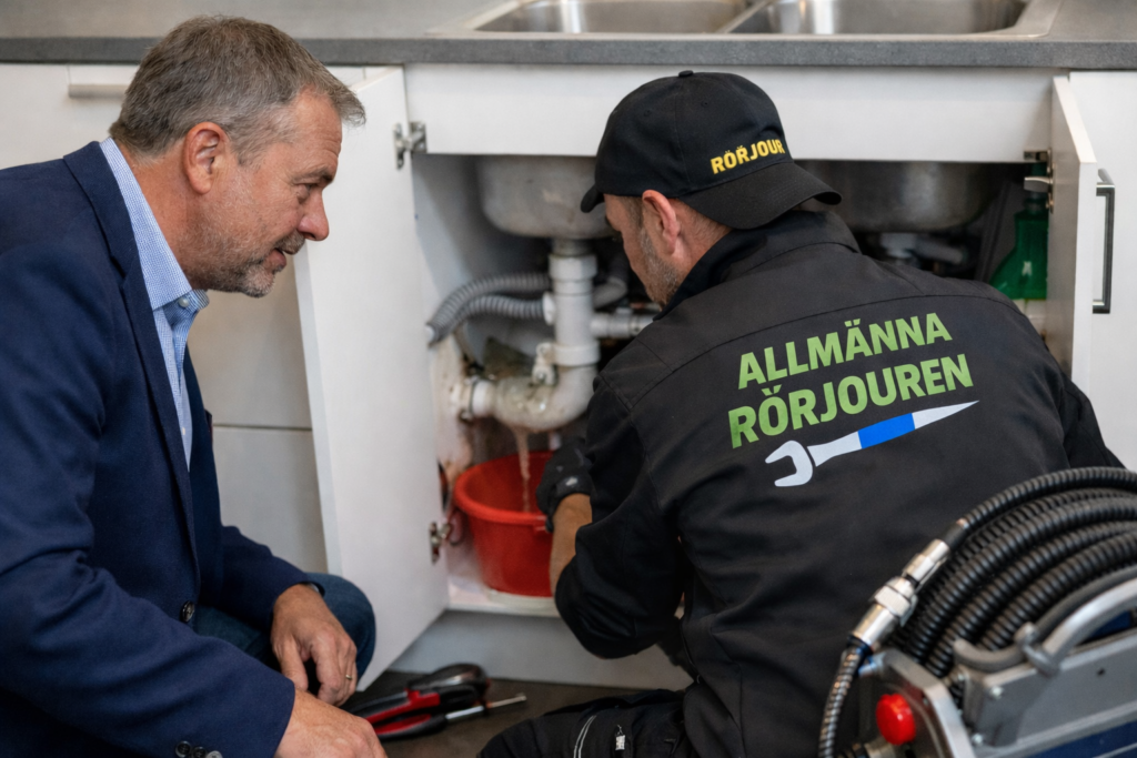 Ordförande i bostadsrättsförening tittar på stopp i köksavlopp tillsammans med spolmontör från Allmänna Rörjouren