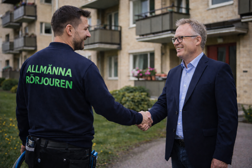 Allmänna Rörjouren samarbetar med BRF i Upplands Väsby Spolmontör från Allmänna Rörjouren skakar hand med ordförande i bostadsrättsförening utanför lägenhetshus i Upplands Väsby.