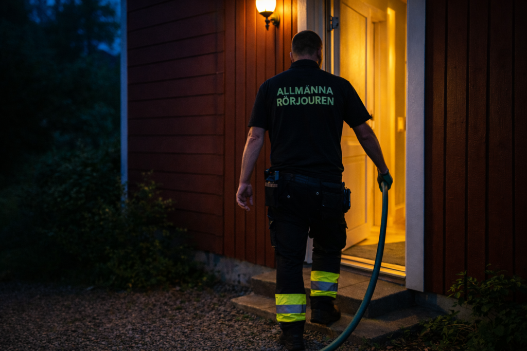 Jour spolbil Upplands Väsby – Montör på väg in i villa Spolmontör från Allmänna Rörjouren på väg in i villa i Upplands Väsby på kvällen med spolslang i ena handen, slangen fortsätter ut ur bild.